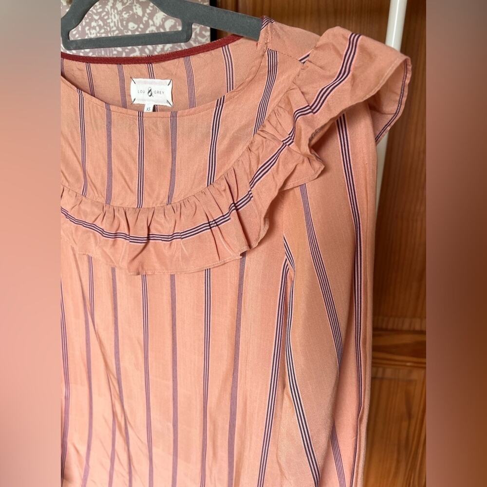 Lou & Grey Long Ruffle Sleeve Pink Striped Business Casual Blouse - Picture 3 of 5